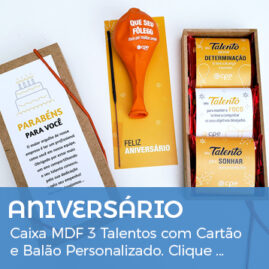 Aniversário Funcionário - Caixa MDF 3 Talentos com Cartão e Balão personalizado.