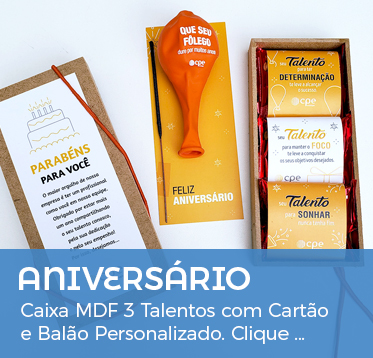 Aniversário Funcionário - Caixa MDF 3 Talentos com Cartão e Balão personalizado.