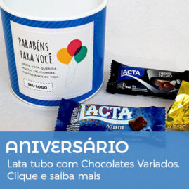 Aniversário Funcionário Lata Tubo Personalizada com Chocolates Variados.